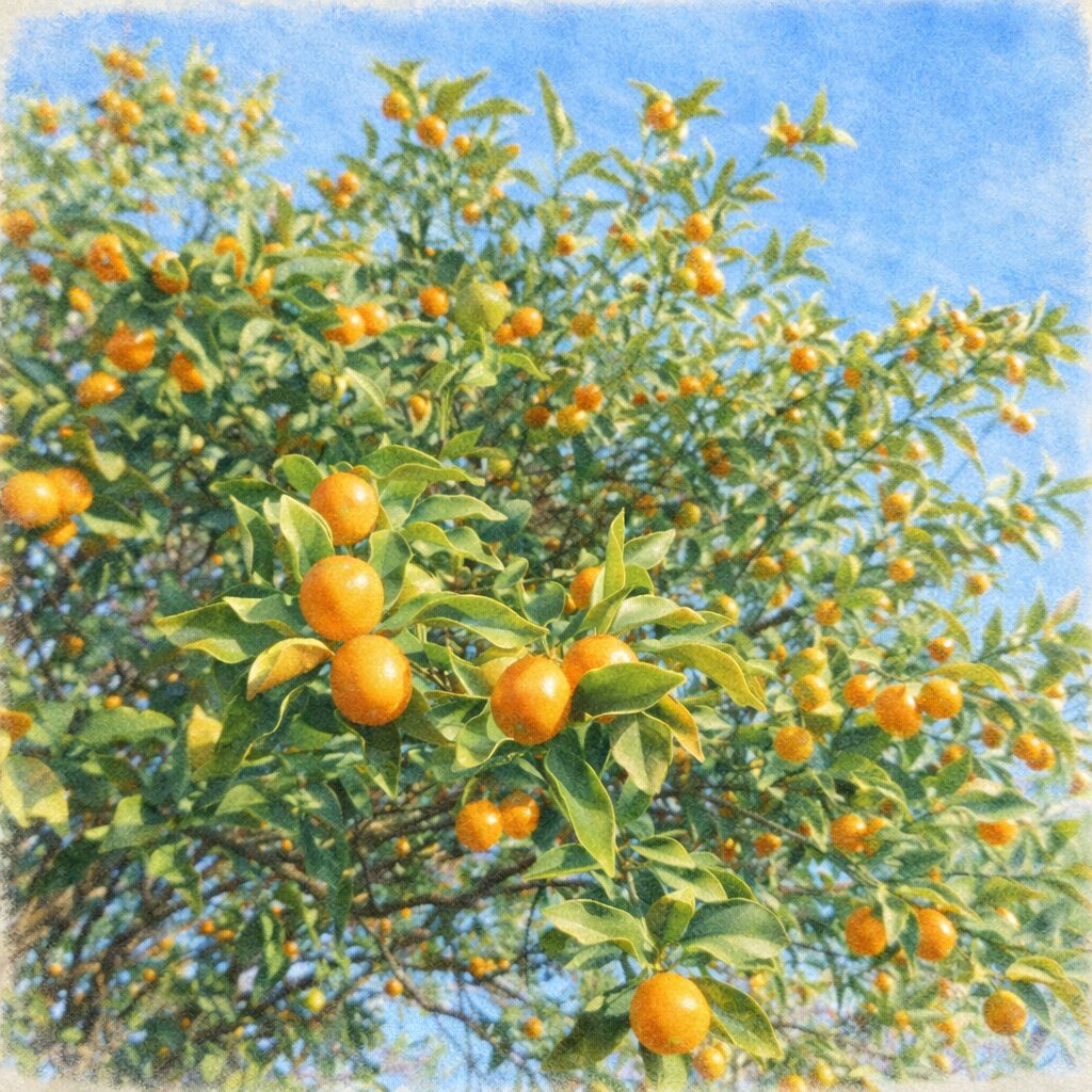 青空の下、枝いっぱいに実るキンカンの木を、ふんわりとした優しい質感で描いた手描き水彩画風の正方形イラスト。橙色の果実と柔らかな緑の葉を、淡いにじみと穏やかな色合いで表現。