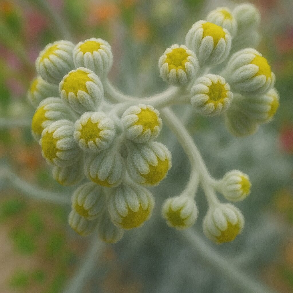 シロタエギクの蕾が黄緑色に色づき始めた状態(開花直前)