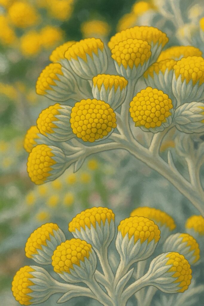 シロタエギクの花が半開きになった様子(黄色い花弁が現れ始める)