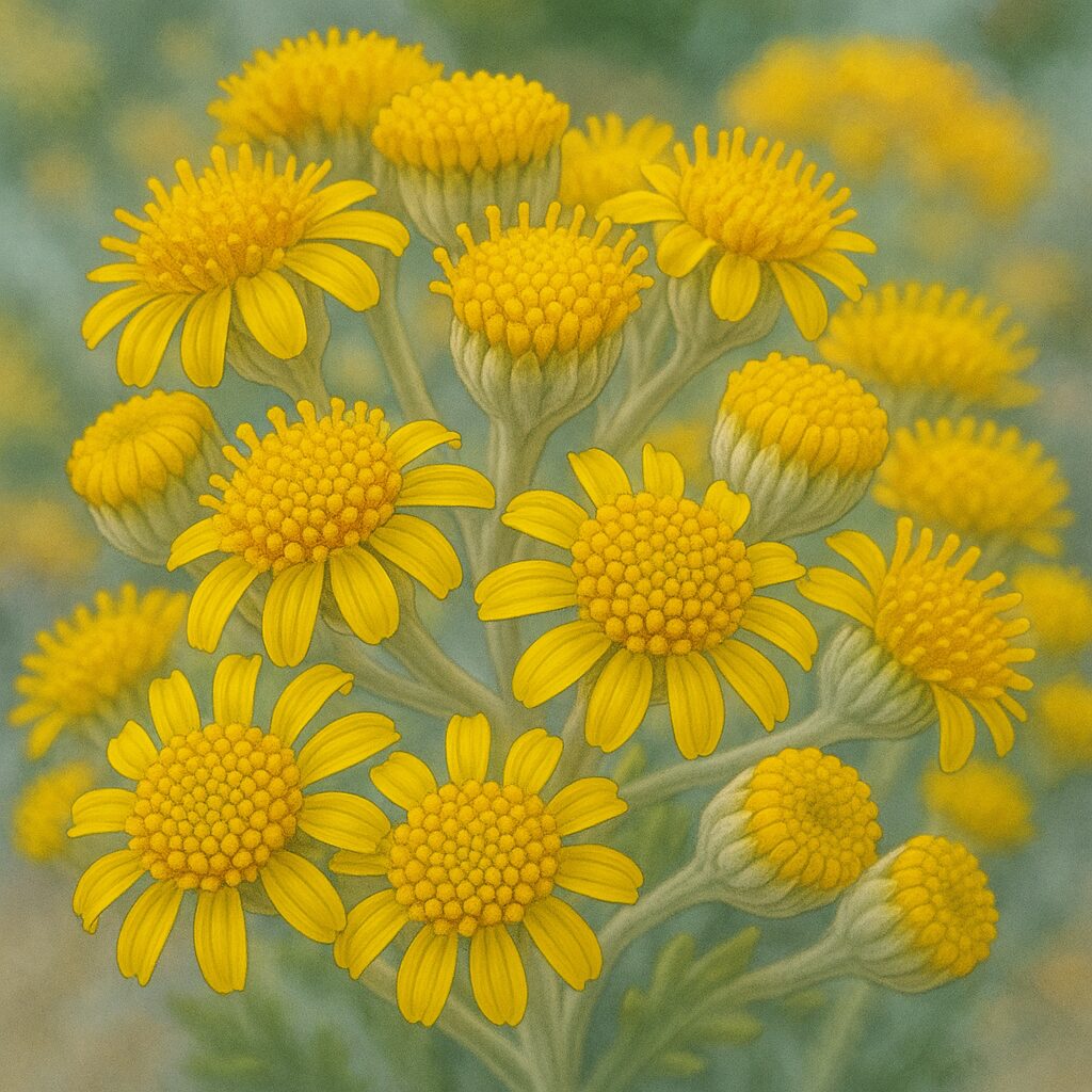 鮮やかな黄色の花が満開になったシロタエギク(細い花弁が特徴)