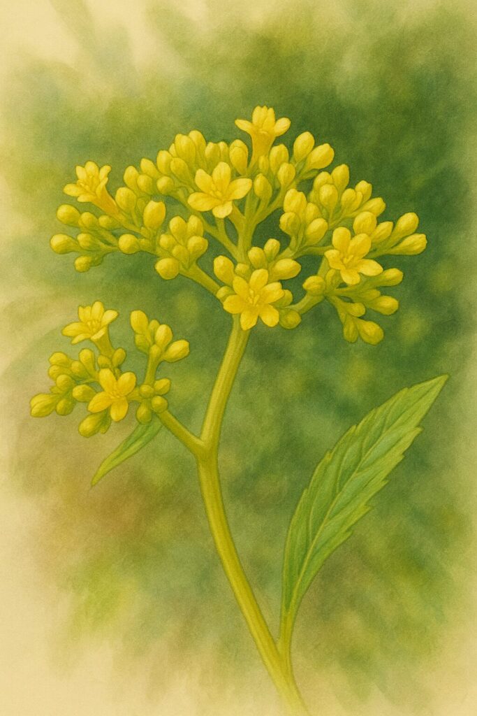 オミナエシの黄色い花房を精緻に描いたボタニカルイラスト｜夏に咲く日本の野草