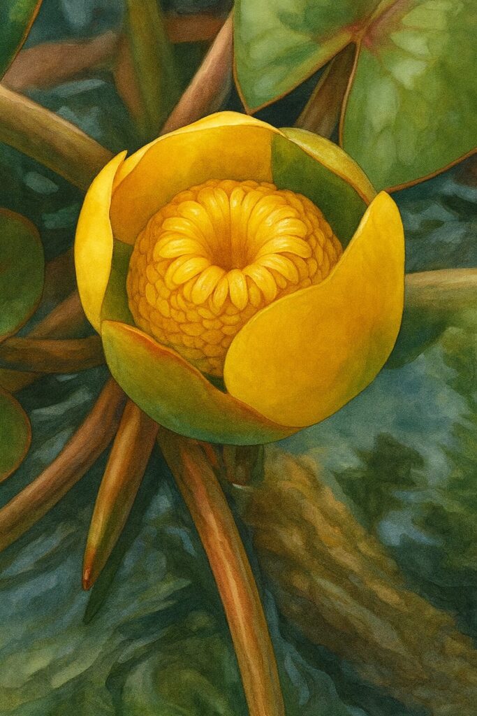 コウホネの黄色い花を精密に描いた植物画風イラスト｜水辺に浮かぶ花芯と花弁を繊細に表現したアート作品