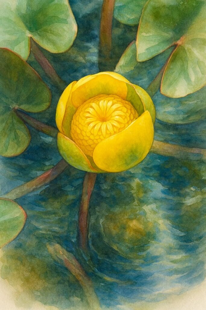コウホネの黄色い花を水彩画風に描いた植物画イラスト｜水辺に浮かぶ花芯と花弁を繊細に表現した作品
