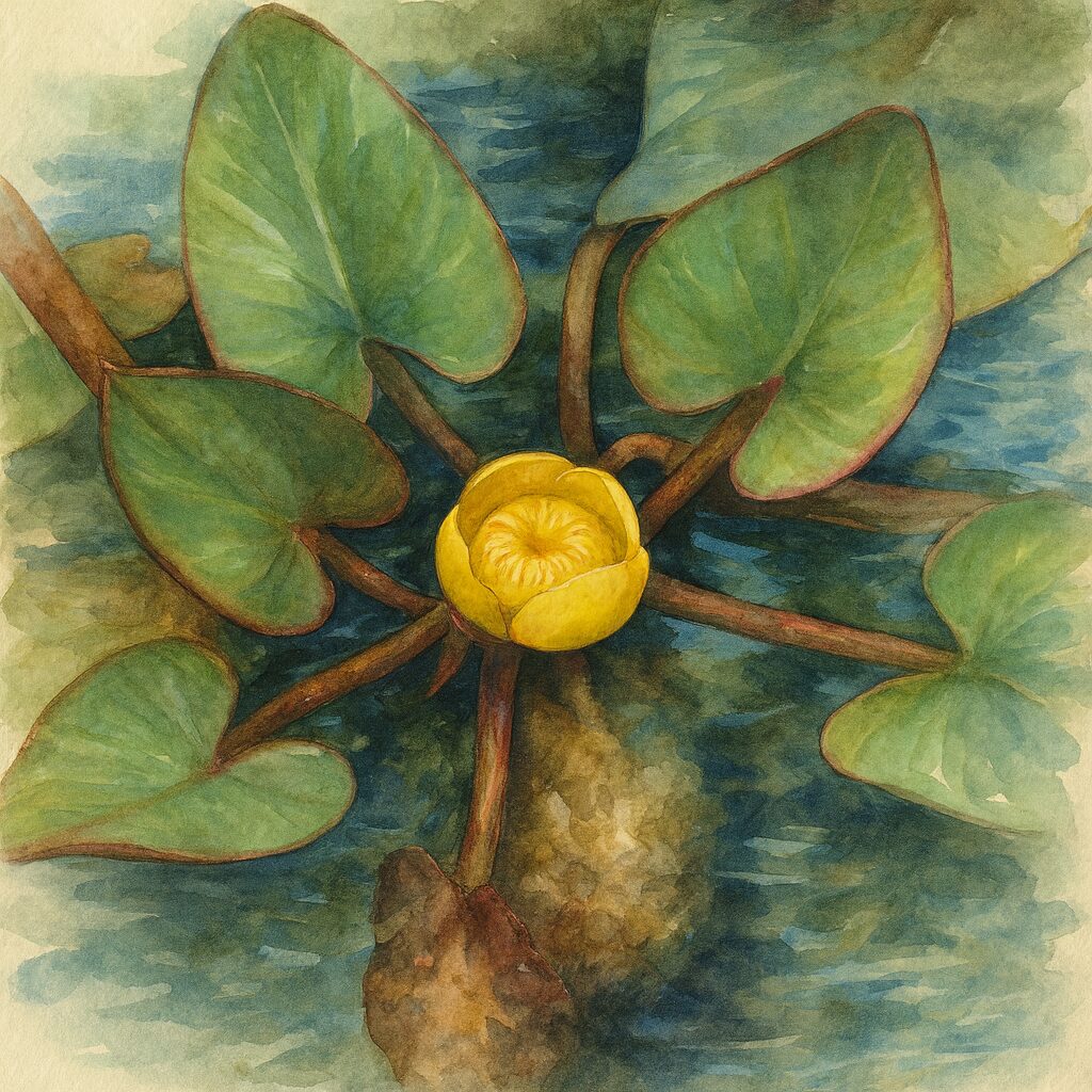 コウホネの黄色い花と緑の葉を精密に描いた水彩画風植物画イラスト｜水辺に咲く水生植物を繊細に表現したアート作品
