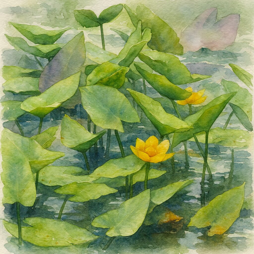 コウホネの葉と黄色い花を群生風景として描いた水彩画風植物画イラスト｜池に広がる水生植物を繊細に表現した作品