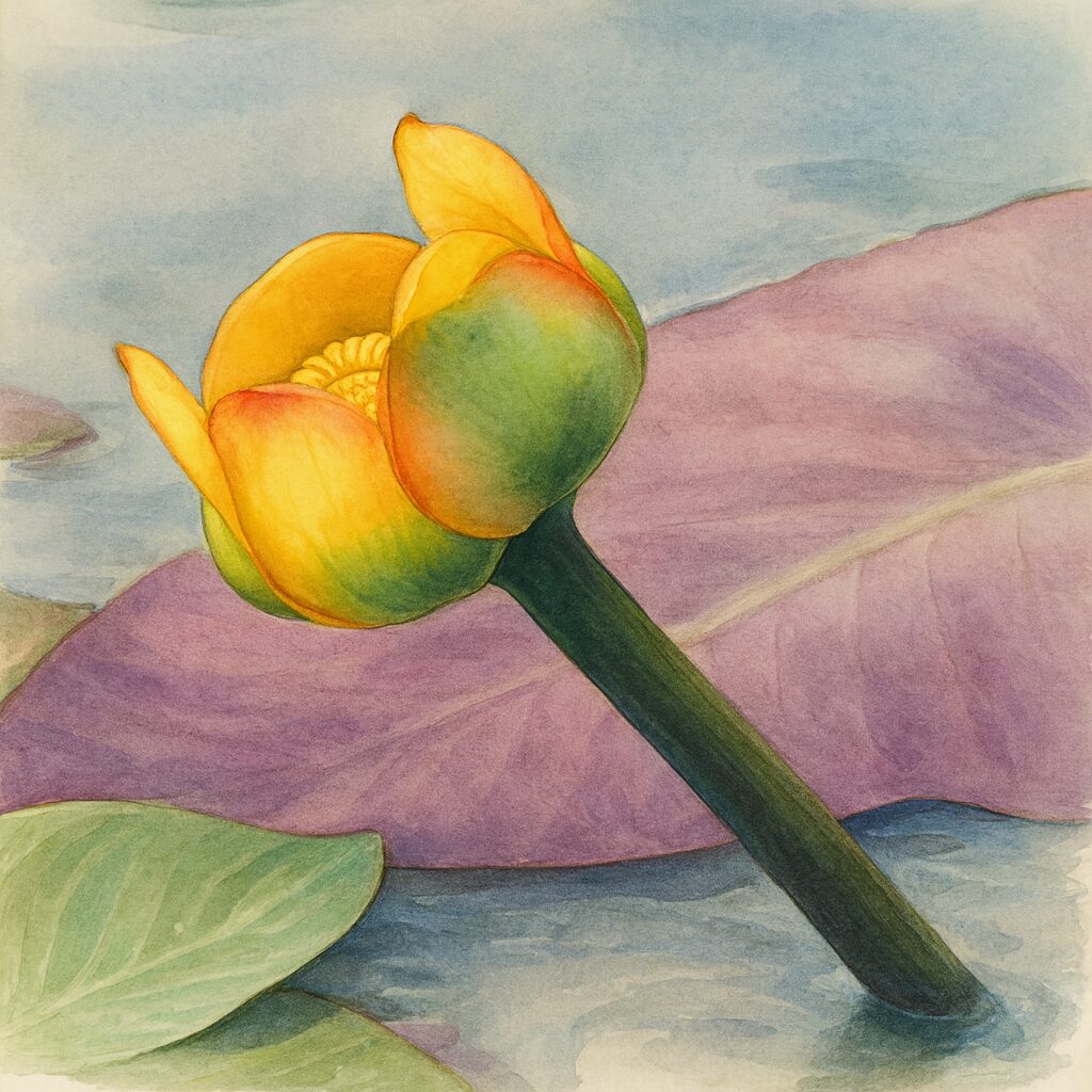 紫の浮葉を背景に描かれたコウホネの黄色い花の水彩画風植物画イラスト｜水生植物の美しさを繊細に表現した作品
