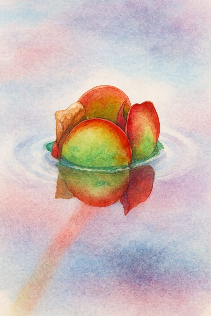 水面に映るコウホネの蕾を描いた水彩画風植物画イラスト｜赤い縁取りの萼と静かな反射が美しい作品