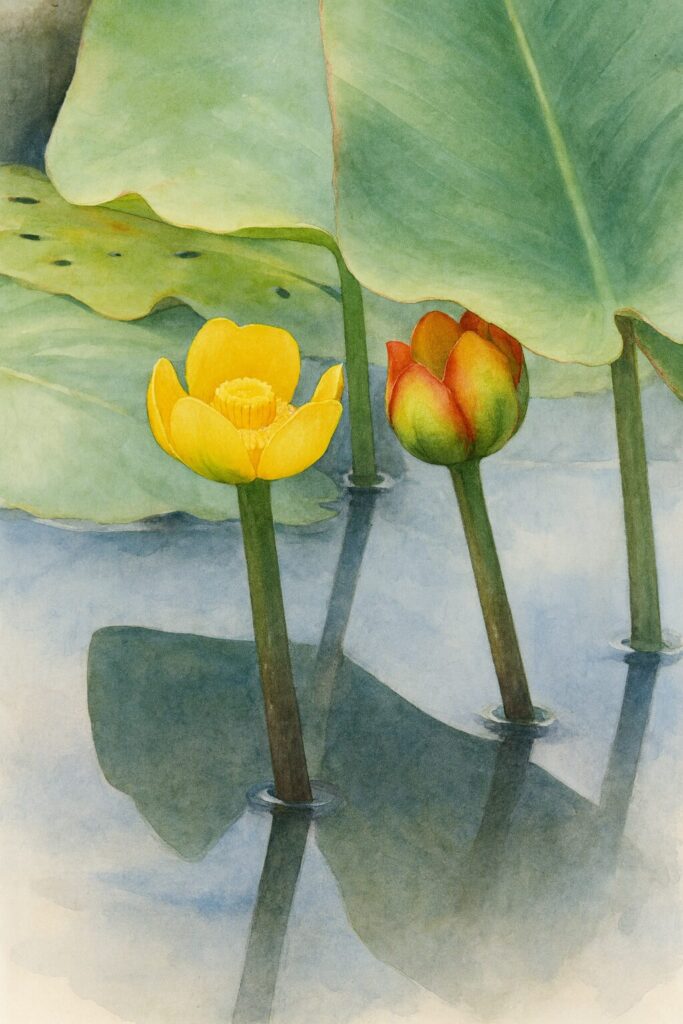 コウホネの開花した黄色い花と赤みを帯びた蕾を描いた水彩画風植物画イラスト｜水辺に咲く水生植物を繊細に表現した作品