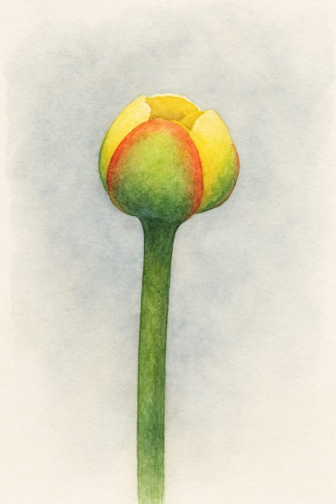 水面から伸びるコウホネの蕾を描いた水彩画風植物画イラスト｜黄色い花弁と赤い縁取りの萼が美しい作品