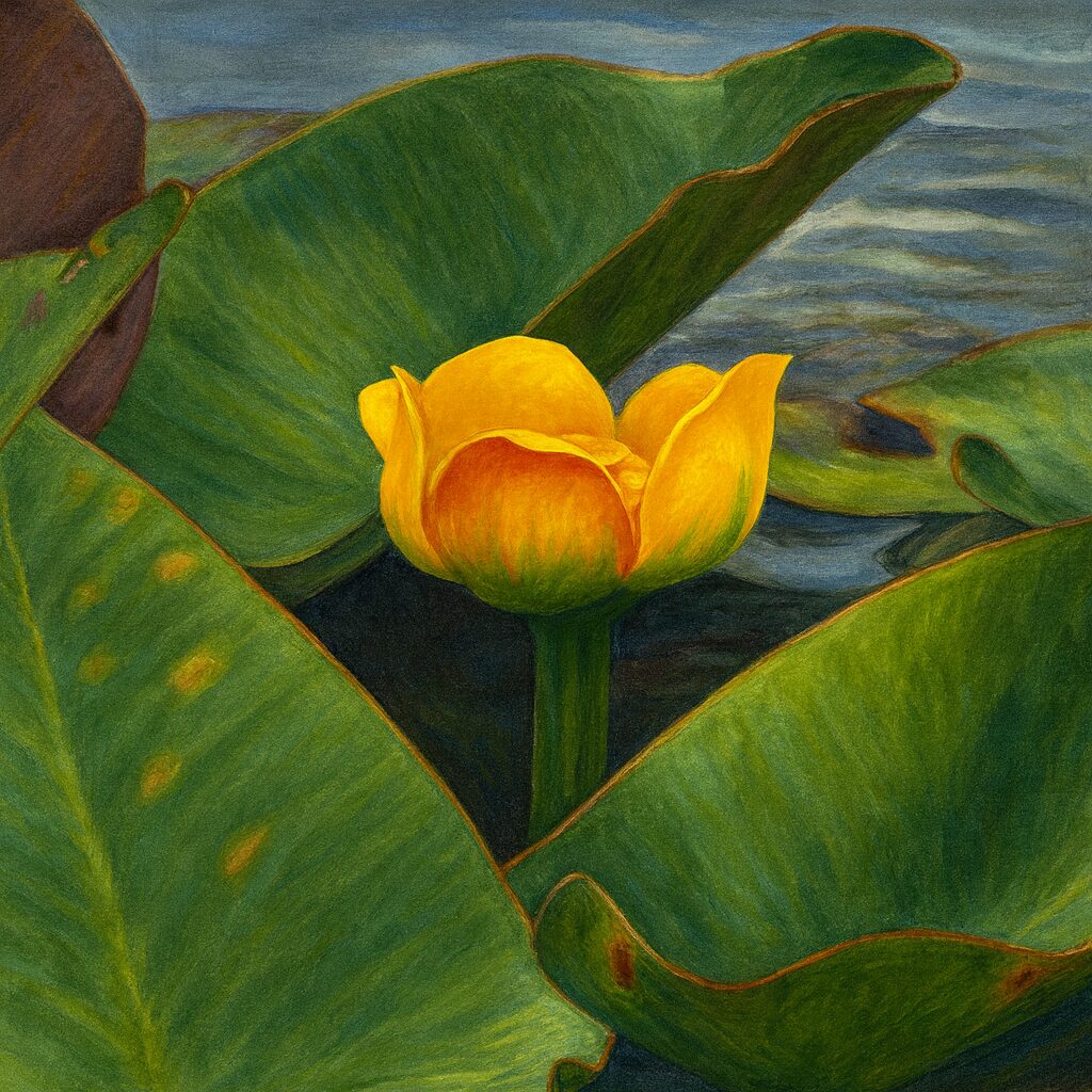 水面に広がる葉の間から顔を出す黄色いコウホネの花を精密に描いた植物イラスト