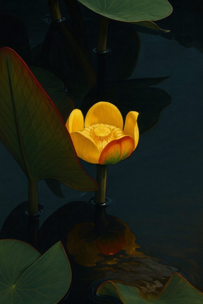 水面に立ち上がる黄色いコウホネの花と葉を精密に描いた植物イラスト