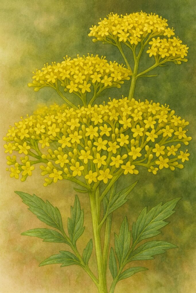 オミナエシの黄色い花が密集する房を精緻に描いたボタニカルイラスト｜夏の野草