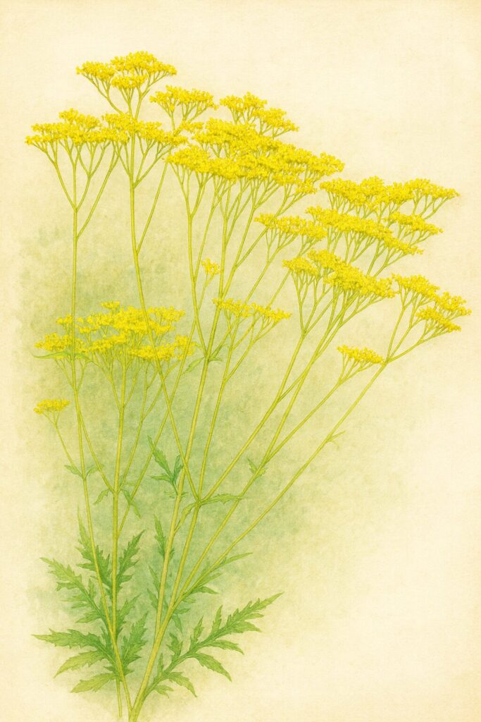 オミナエシの全体像を精緻に描いたボタニカルイラスト｜黄色い花房を広げる夏の野草