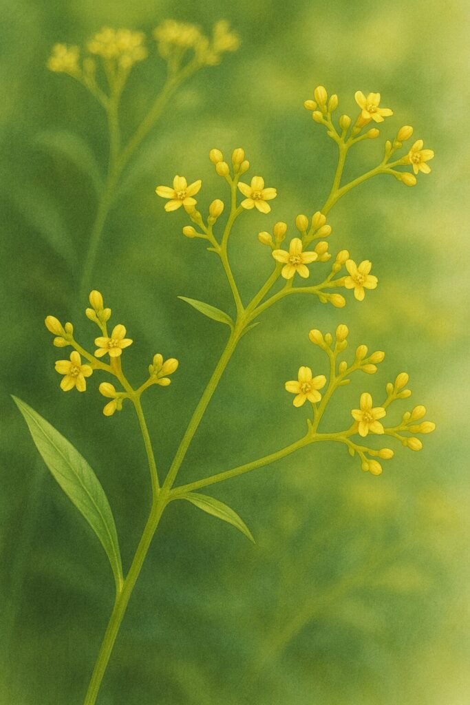 オミナエシの黄色い小花が枝分かれして咲く姿を精緻に描いたボタニカルイラスト｜夏の野草