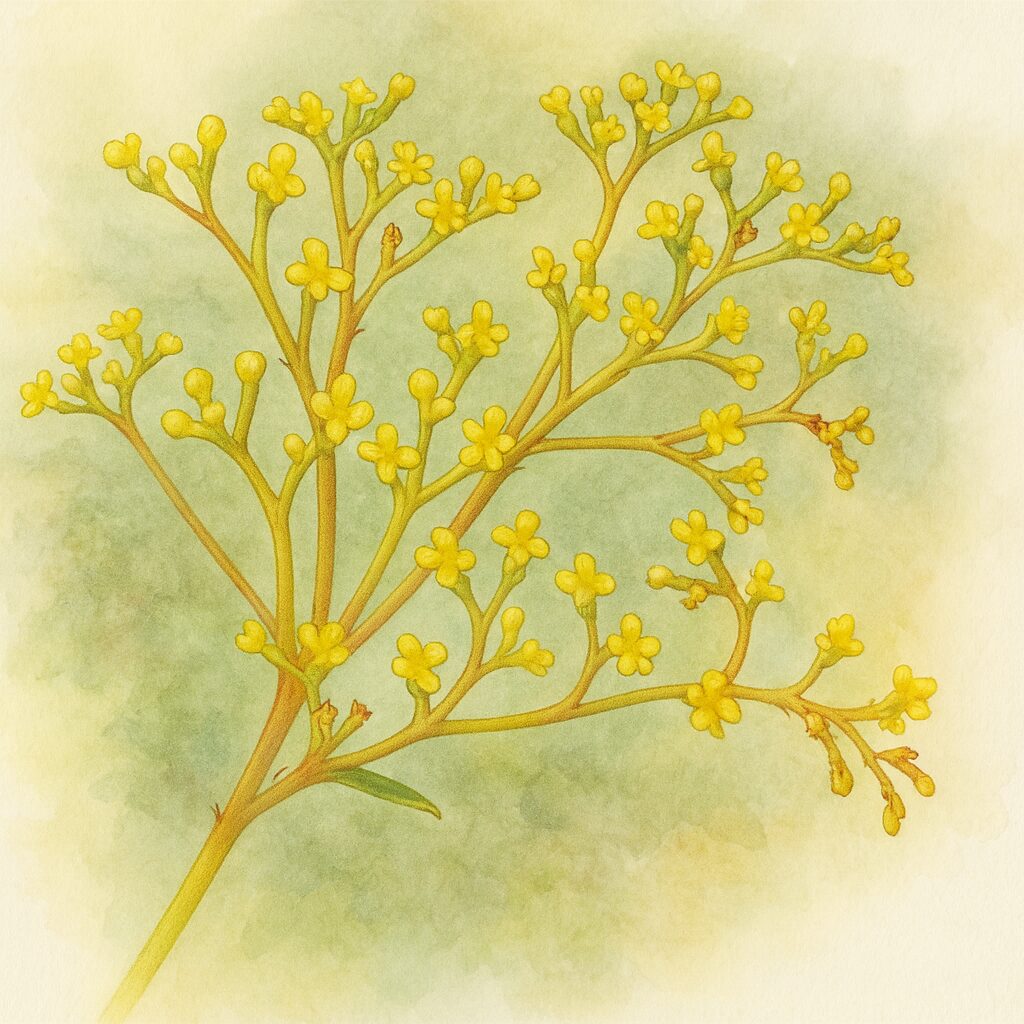 オミナエシの黄色い蕾と小花を枝分かれした茎に描いた精緻なボタニカルイラスト｜夏の野草