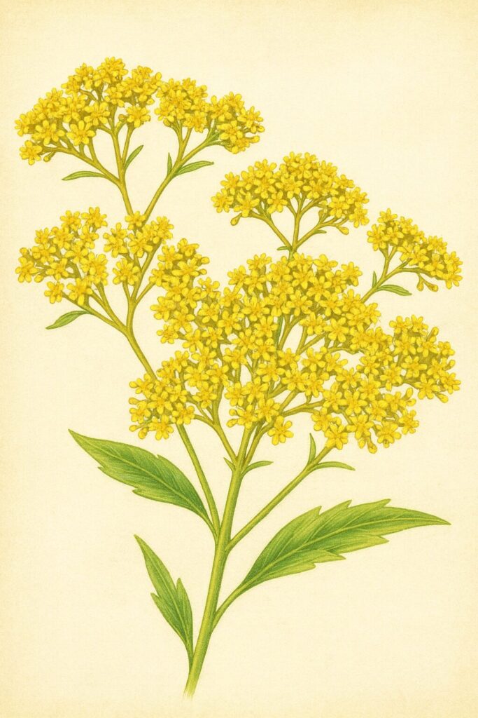 オミナエシの黄色い花房を精緻に描いたボタニカルイラスト｜夏の野草