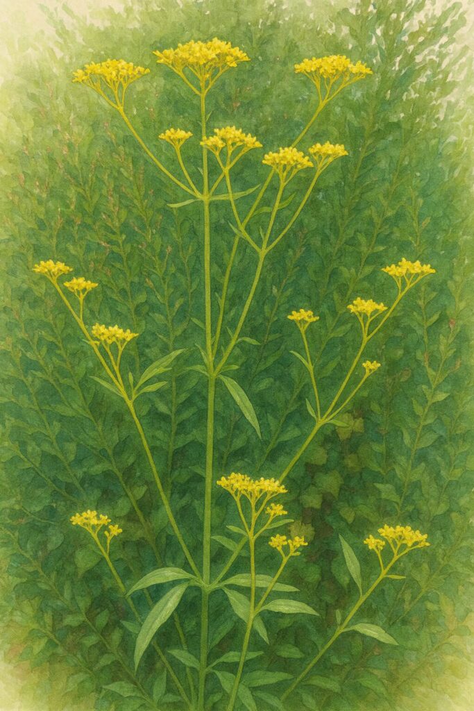 オミナエシの全体像を精緻に描いたボタニカルイラスト｜黄色い花房を広げる夏の野草