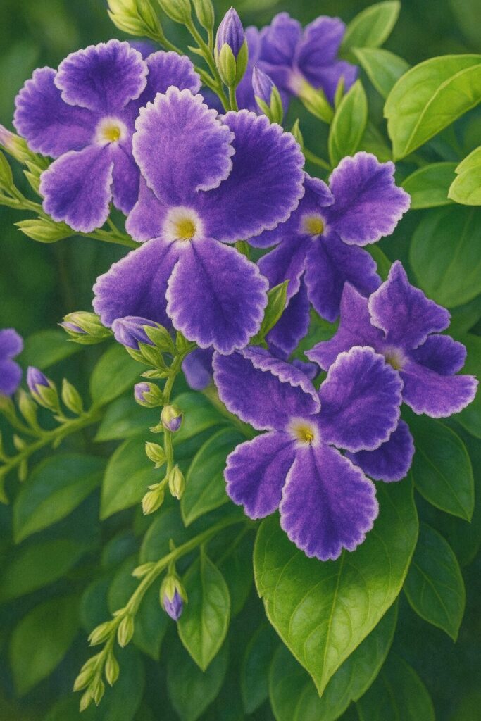 デュランタの紫色の花を写実的に描いたデジタルイラスト｜白縁の花びらと緑の葉が調和するボタニカルアート