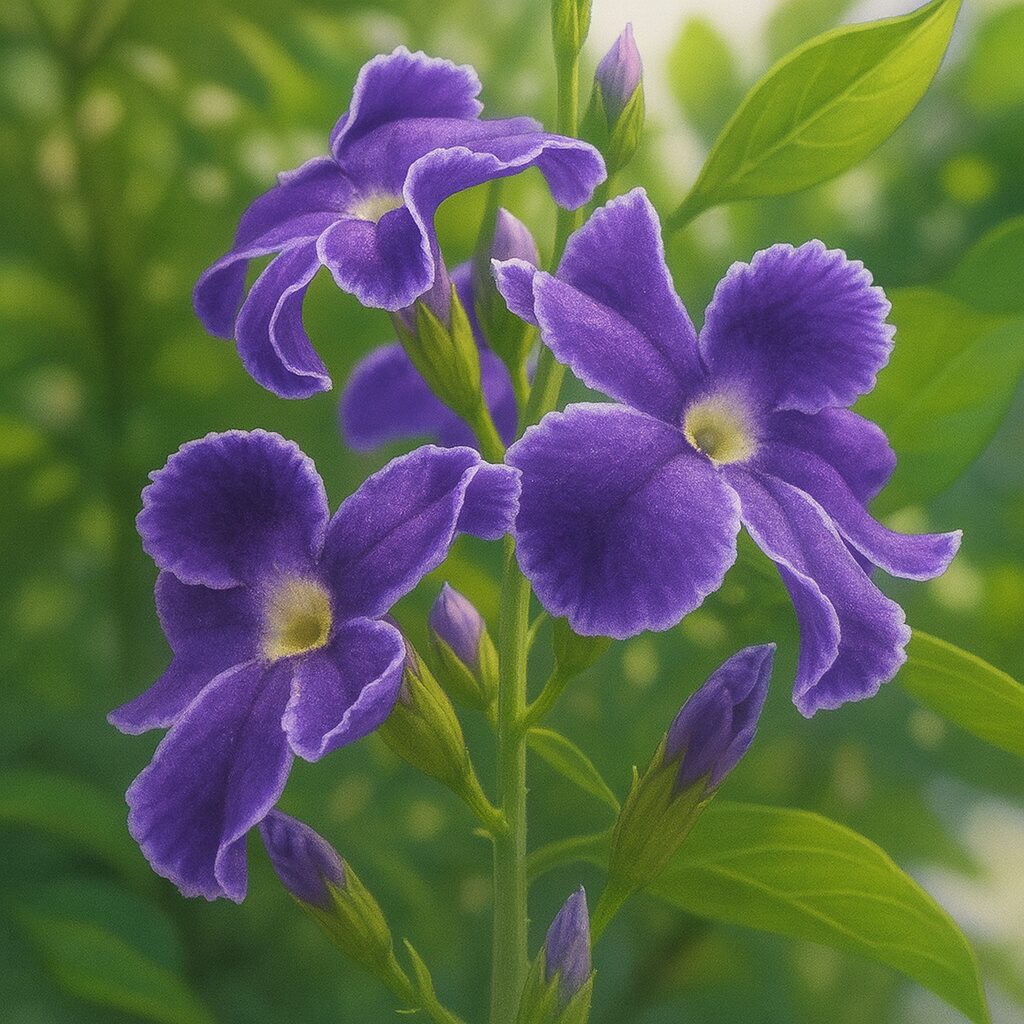 デュランタの紫色の花を写実的に描いたデジタルイラスト｜白い縁取りが美しい花と緑の葉を表現したボタニカルアート