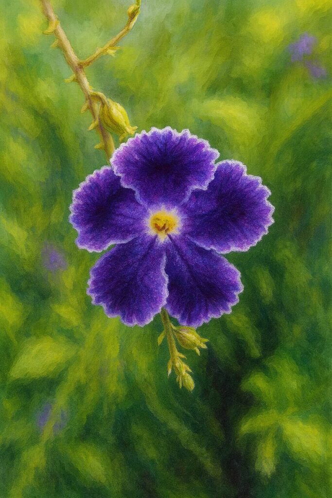 デュランタの紫色の花を写実的に描いたボタニカルイラスト｜鮮やかな花弁と柔らかな緑の背景