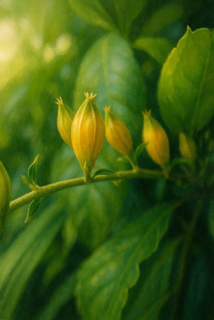 デュランタの黄色い実をリアルに描いたボタニカルイラスト｜自然な光沢と緑の背景に映える果実