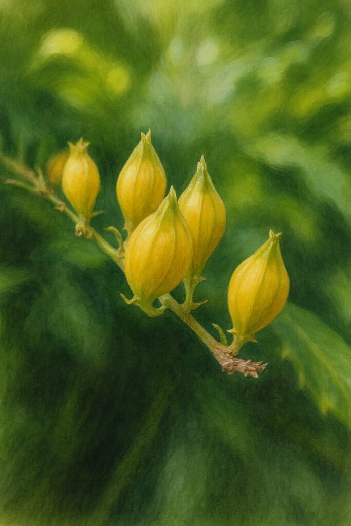 デュランタの黄色い実をリアルに描いたボタニカルイラスト｜自然な光沢と柔らかな緑の背景に映える果実