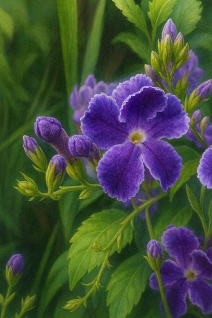 デュランタの紫色の花とつぼみをリアルに描いたボタニカルイラスト｜白い縁取りが映える美しい花