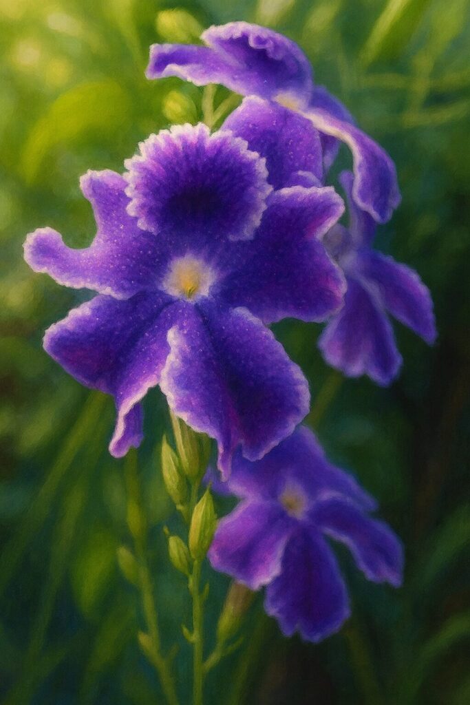 デュランタの紫色の花を写実的に描いたプロレベルのデジタルイラスト｜鮮やかな紫と白縁が美しい花のボタニカルアート