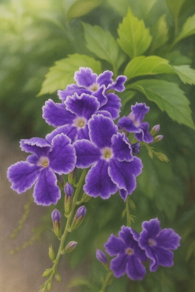 デュランタの紫色の花房をリアルに描いたボタニカルイラスト｜鮮やかな紫の花弁と自然な緑の背景