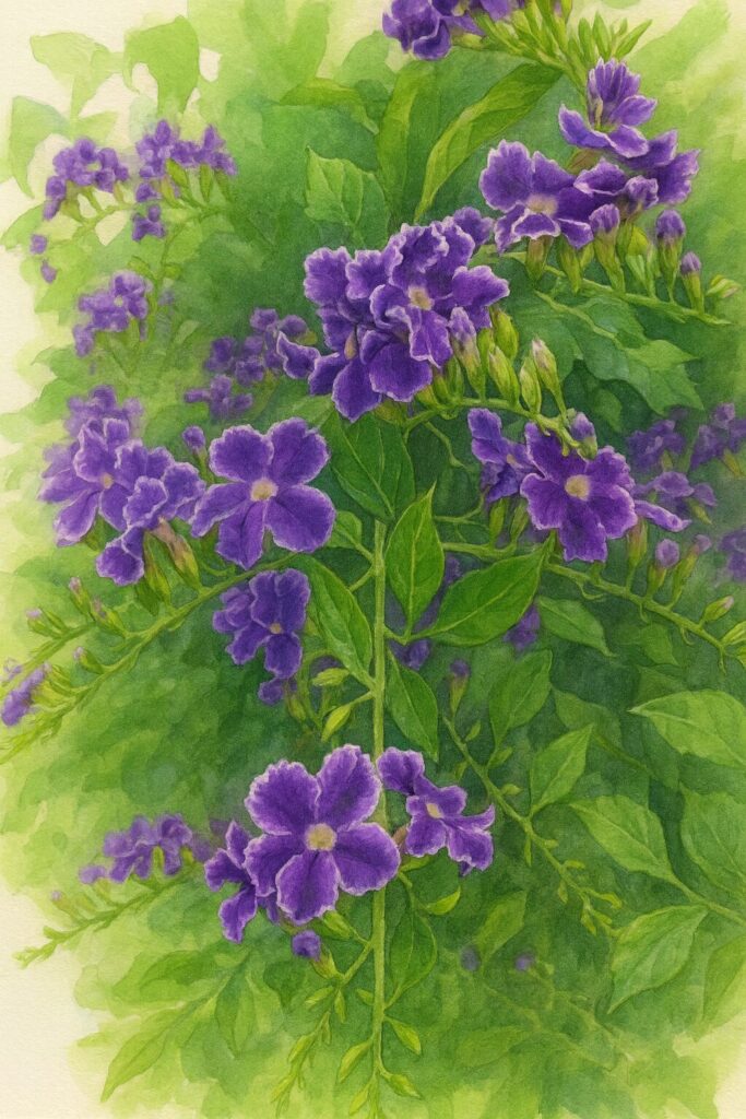 デュランタの群生する紫色の花をリアルに描いたボタニカルイラスト｜鮮やかな花弁と豊かな緑の葉が調和する構図