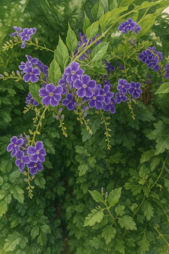 デュランタの紫色の花房をリアルに描いたボタニカルイラスト｜枝垂れる花と緑の葉が調和する美しい構図