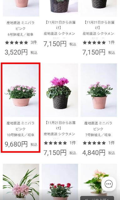 産地直送のミニバラピンク10号鉢の一覧表示。9,680円税込の価格と他商品との比較ができる商品一覧画面。