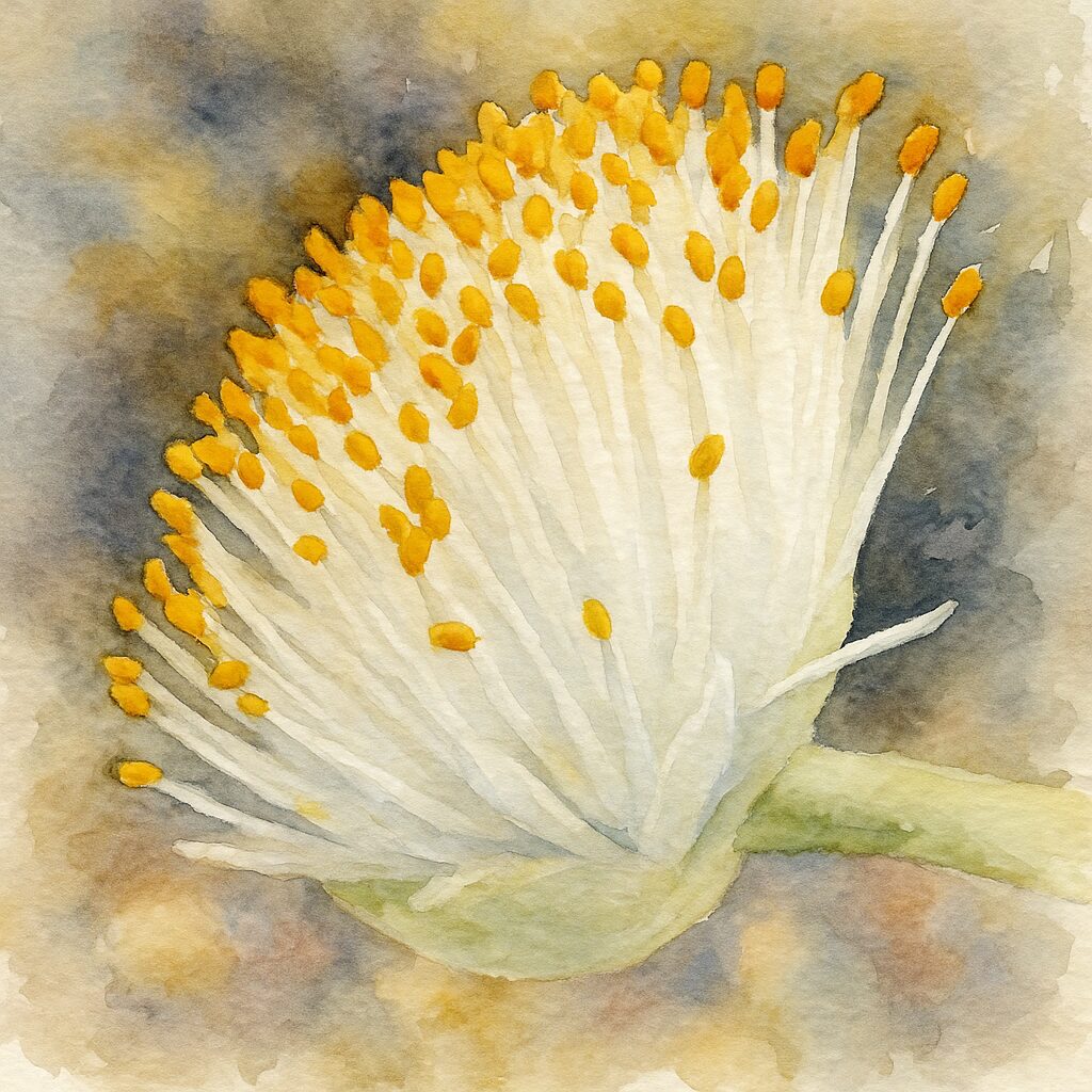 日本で秋にマユハケオモトの白い花と黄色い花粉を密に表現した接写構図の水彩画イラスト