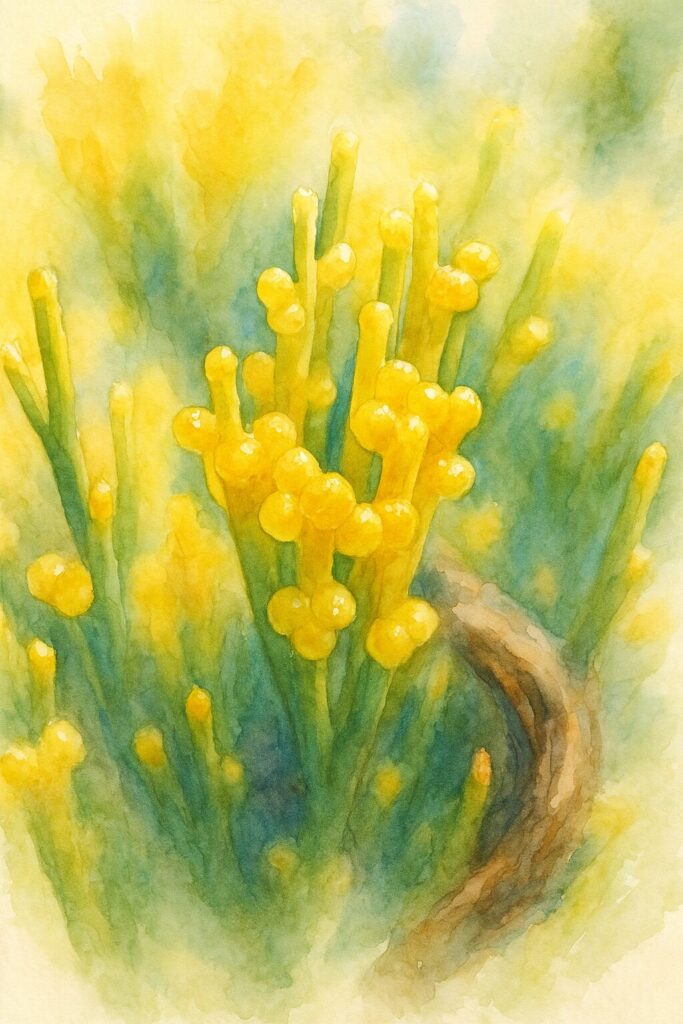マツバランの黄色い胞子嚢を描いた水彩画風ボタニカルイラスト｜Psilotum nudum｜日本の秋の植物アート