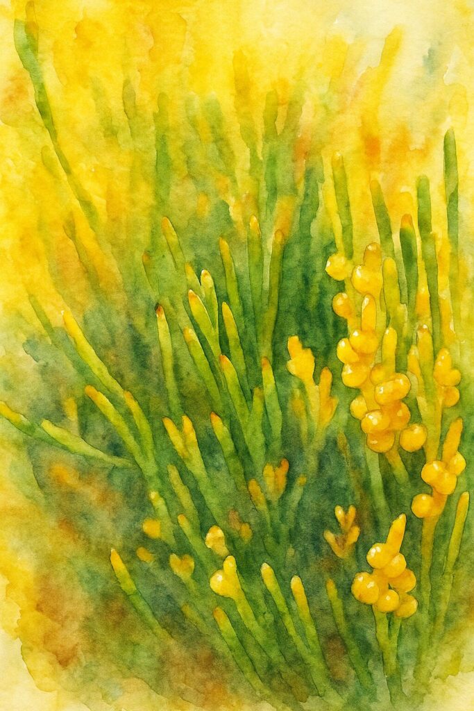 マツバランの黄色い胞子嚢を構図そのままに描いた水彩画風のボタニカルアート｜Psilotum nudum｜黄緑の茎と黄色胞子嚢の群生