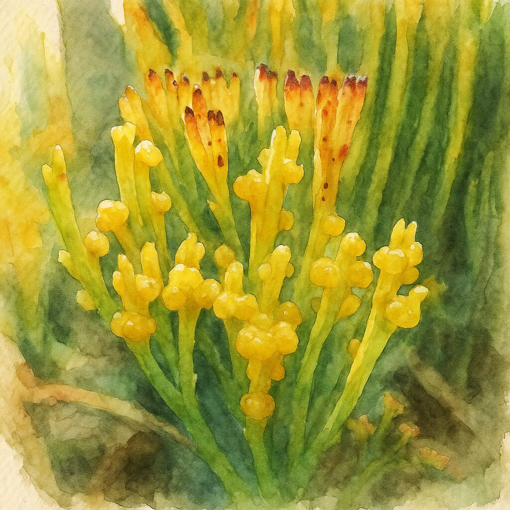 マツバランの黄色い胞子嚢と先端部の黒褐色斑が出た茎を描いた水彩画風ボタニカルイラスト｜Psilotum nudum｜成熟期の胞子嚢表現