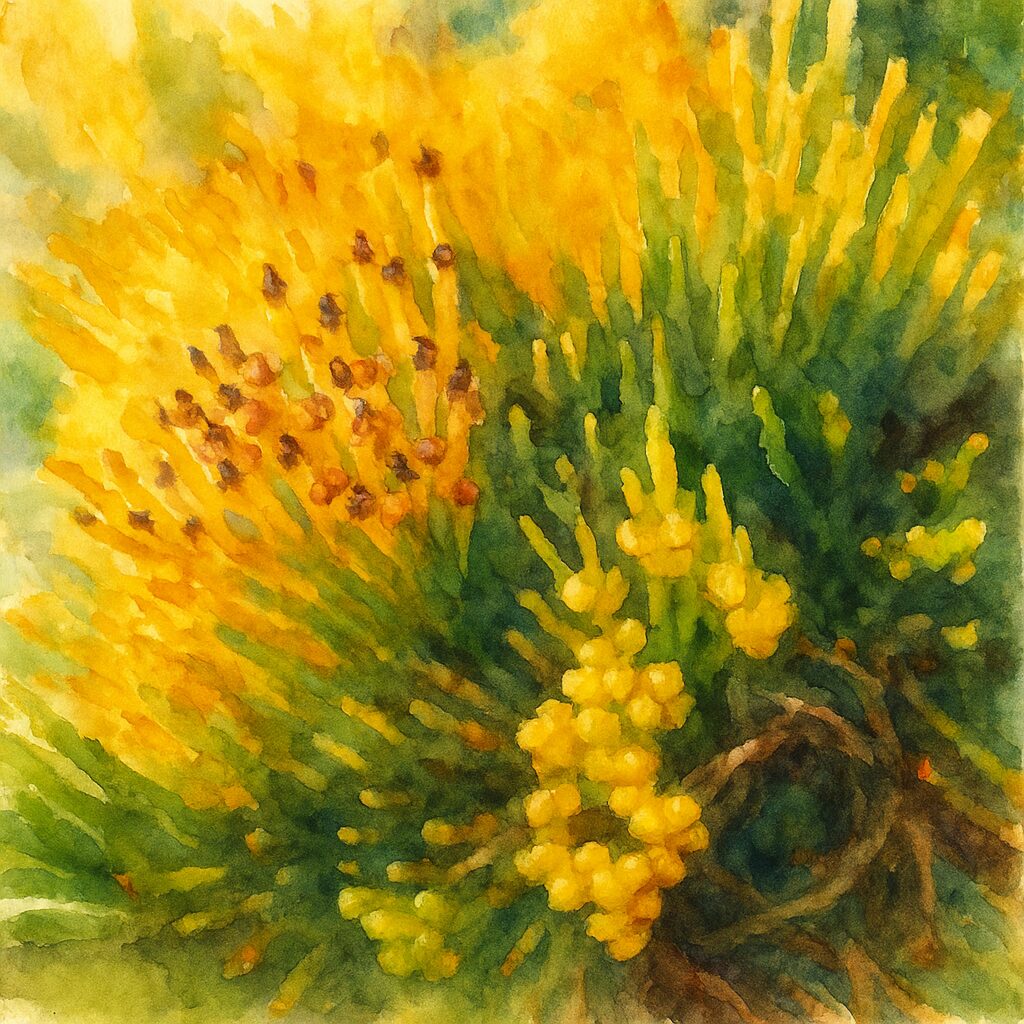 マツバランの黄色い胞子嚢と褐色化した成熟胞子嚢を描いた水彩画風ボタニカルイラスト｜Psilotum nudum｜胞子嚢の成熟過程表現