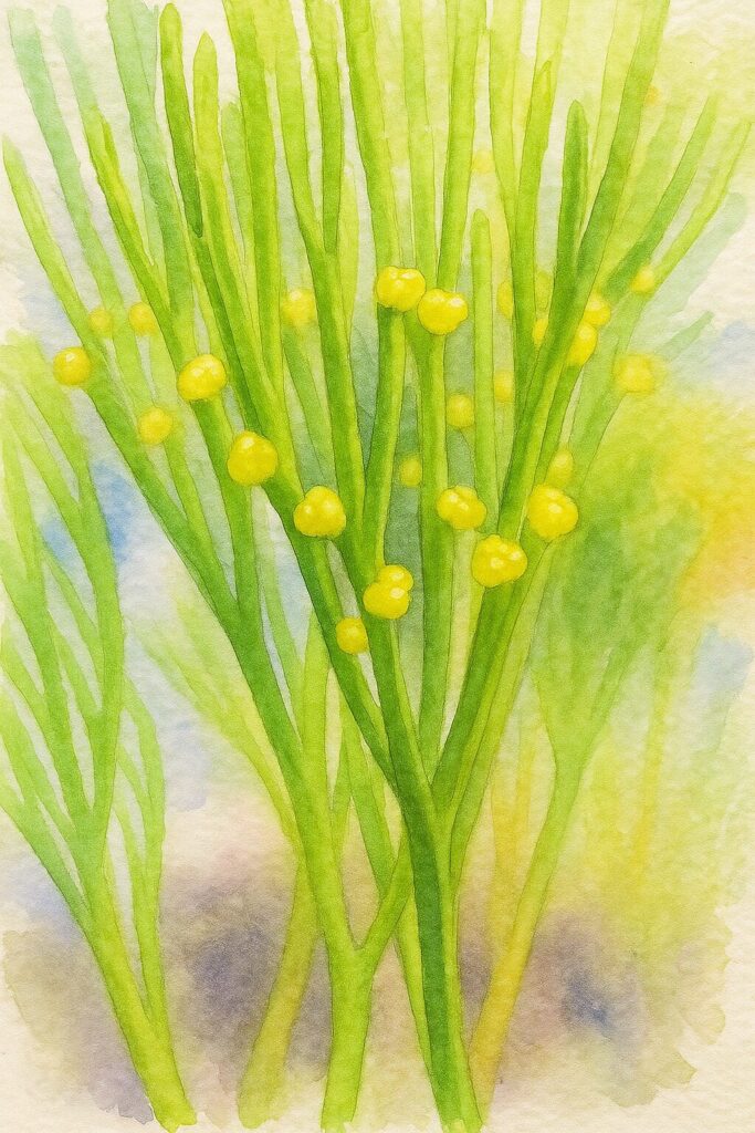マツバランの未成熟な黄色い胞子嚢を水彩画風に描いたボタニカルイラスト｜Psilotum nudum｜若いシナンギアの発達初期表現