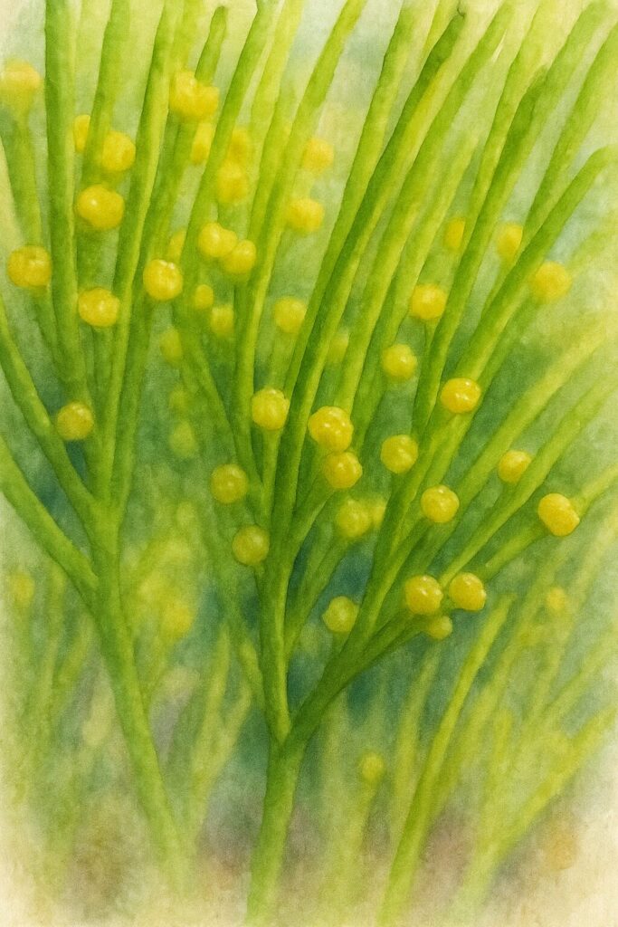 マツバランの未成熟な黄色い胞子嚢が密に並ぶ群生を描いた水彩画風ボタニカルイラスト｜Psilotum nudum｜発達初期の胞子嚢密度表現