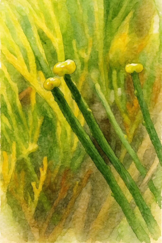 マツバランの胞子嚢が茎先に小さく出現したごく初期段階を描いた水彩画風ボタニカルイラスト｜Psilotum nudum｜形成直後のシナンギア表現