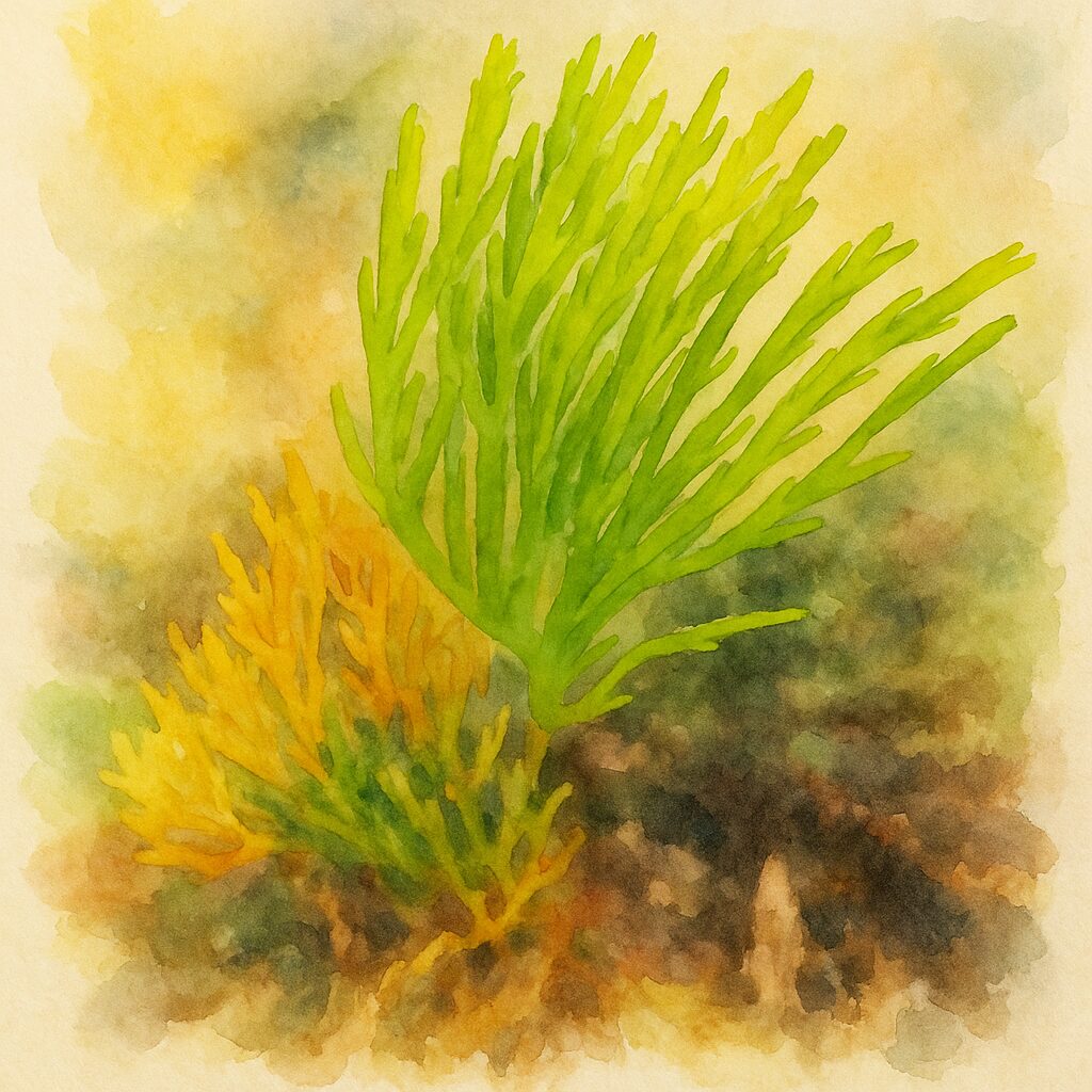 マツバランの胞子嚢形成前の緑色の茎先を描いた水彩画風ボタニカルイラスト｜Psilotum nudum｜胞子嚢形成前の前駆段階表現