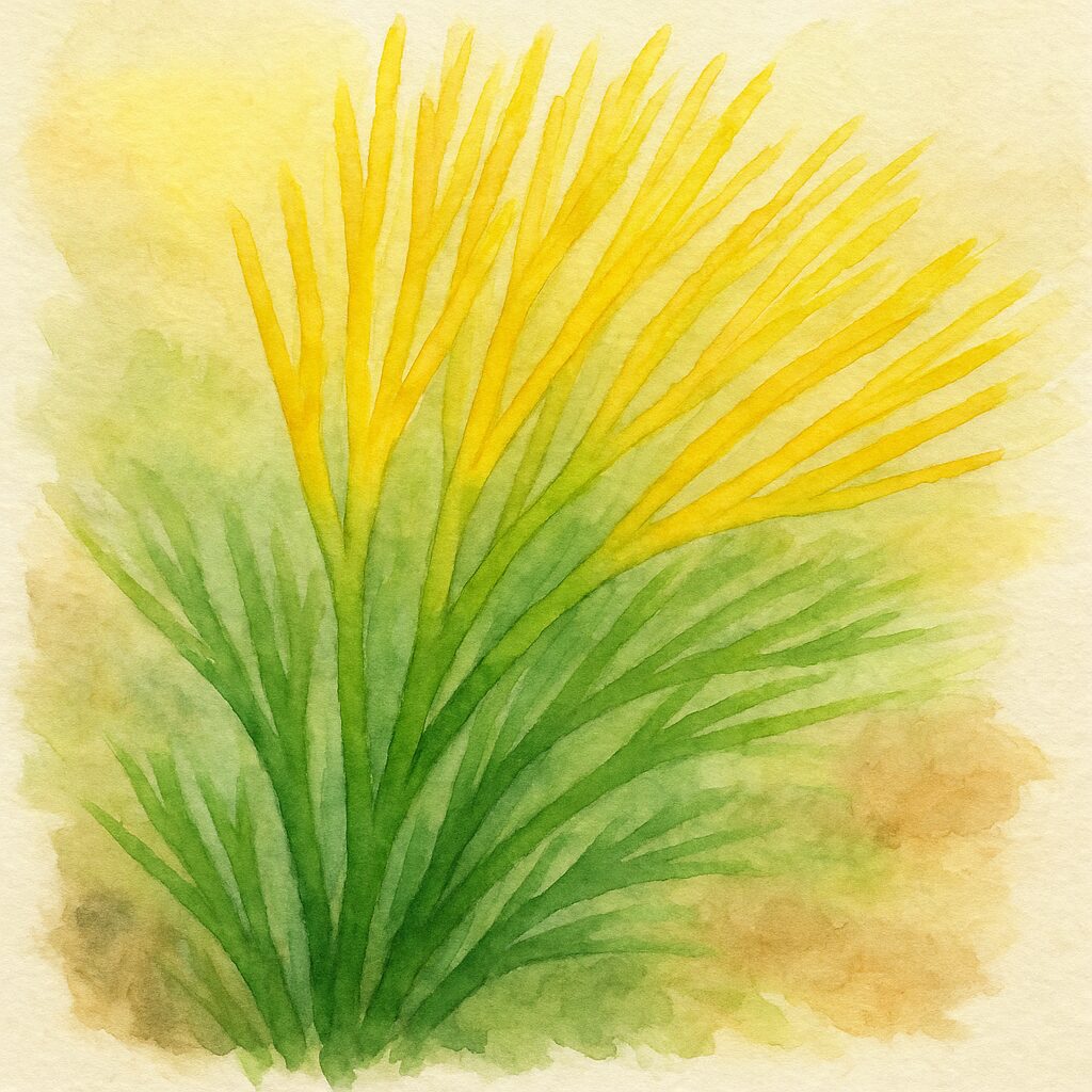 マツバランの胞子嚢形成前の若い緑色の茎先を描いた水彩画風ボタニカルイラスト｜Psilotum nudum｜形成前ステージ表現