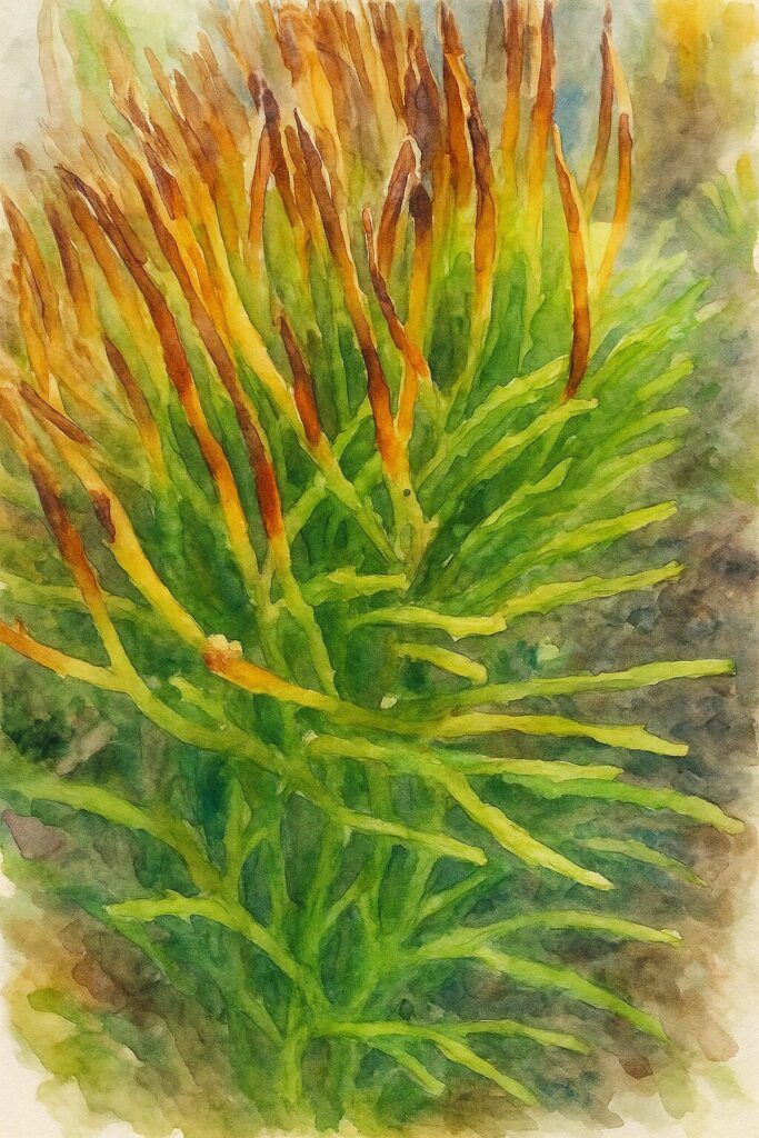 マツバランの茎先が褐色に変色した後期ステージを描いた水彩画風ボタニカルイラスト｜Psilotum nudum｜胞子嚢消失後の枯れ上がり直前表現