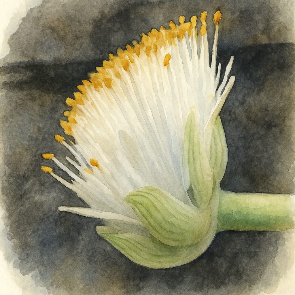 日本で秋にマユハケオモトの白い花と黄色い花粉、萼片を強調した接写構図の水彩画イラスト