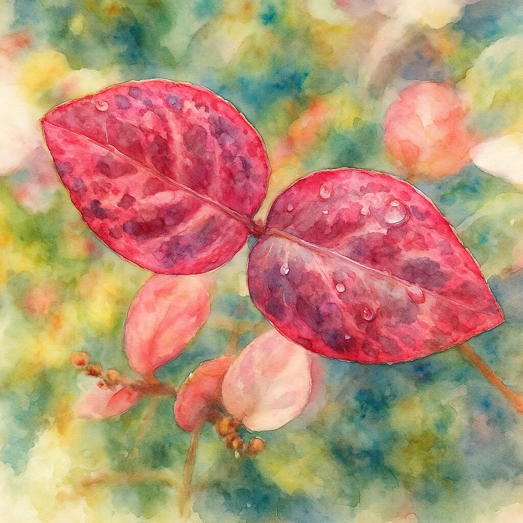 日本で秋にハツユキカズラのピンク色の葉を水彩画風に描いたイラストです