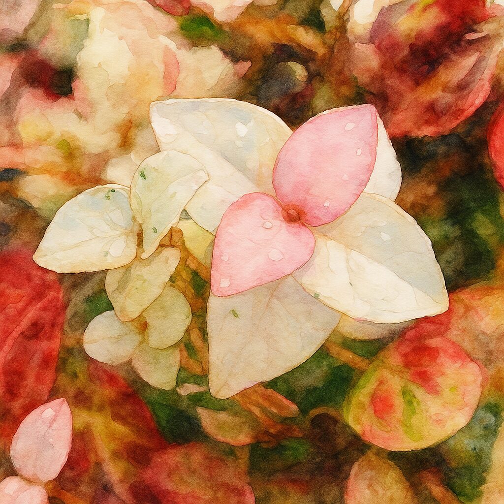 日本で秋にハツユキカズラの白と淡いピンク色の葉を水彩画風に描いたイラストです