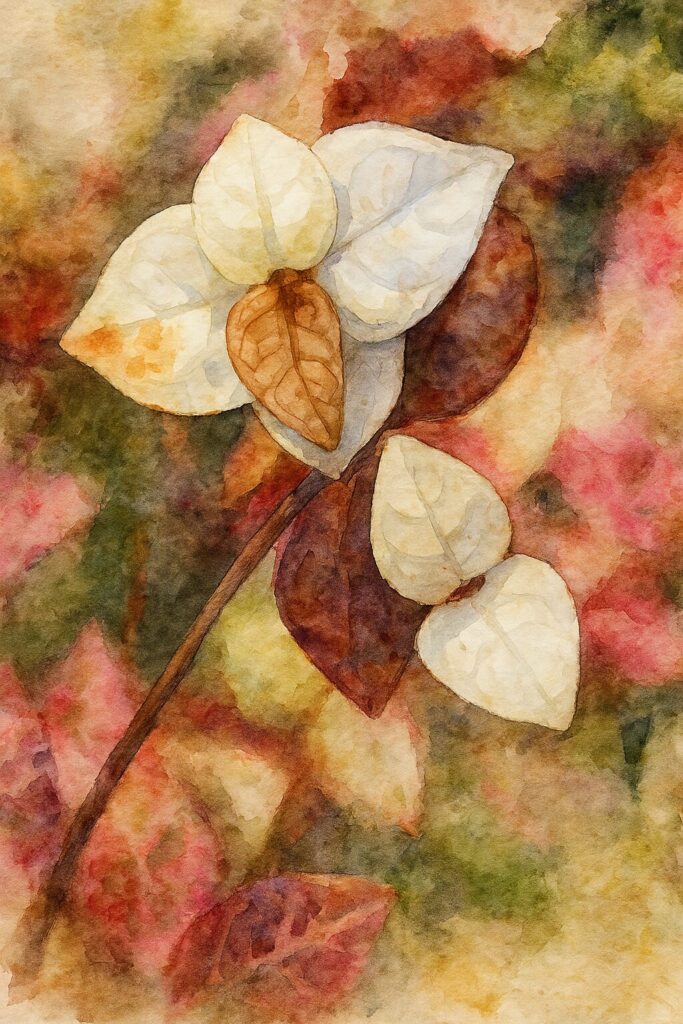 日本で秋にハツユキカズラの白と茶色の葉を水彩画風に描いたイラストです