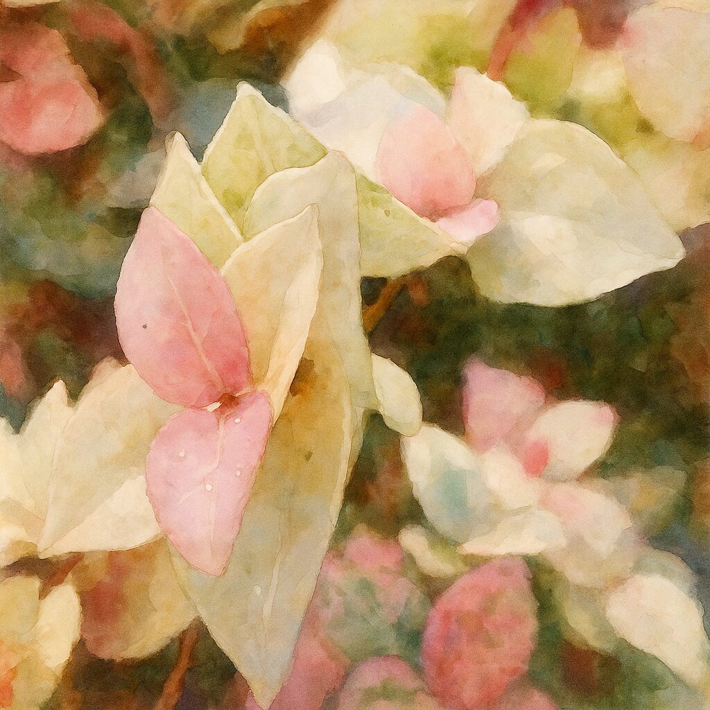 日本で秋にハツユキカズラの白と淡いピンク色の葉を水彩画風に描いたイラストです