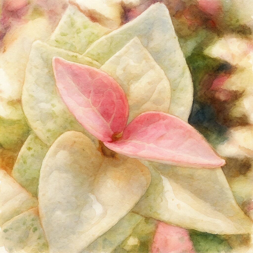 日本で秋にハツユキカズラの白い葉の中心がピンク色に染まった様子を水彩画風に描いたイラストです