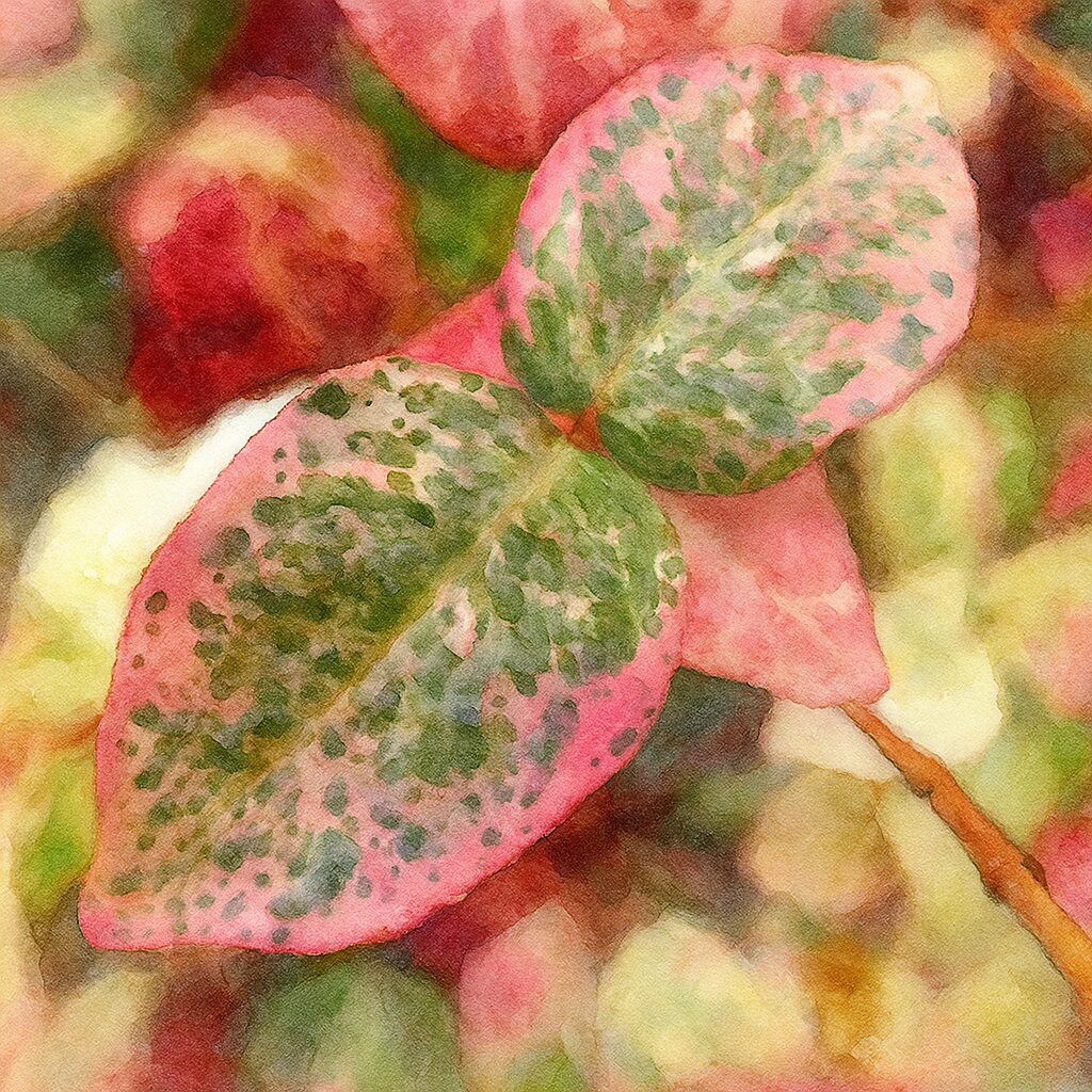 日本で秋にハツユキカズラのピンクと緑の斑入りの葉を水彩画風に描いたイラストです